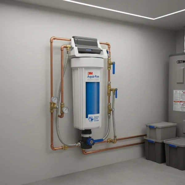 A modern 3M Aqua-Pure whole house water filter system installed in a utility room, showing easy quick-change access