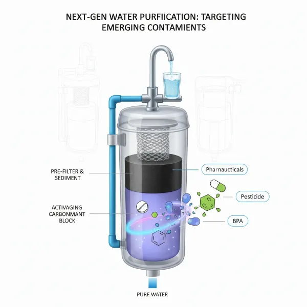 Advanced water filter reducing emerging contaminants like pharmaceuticals and pesticides for cleaner water.