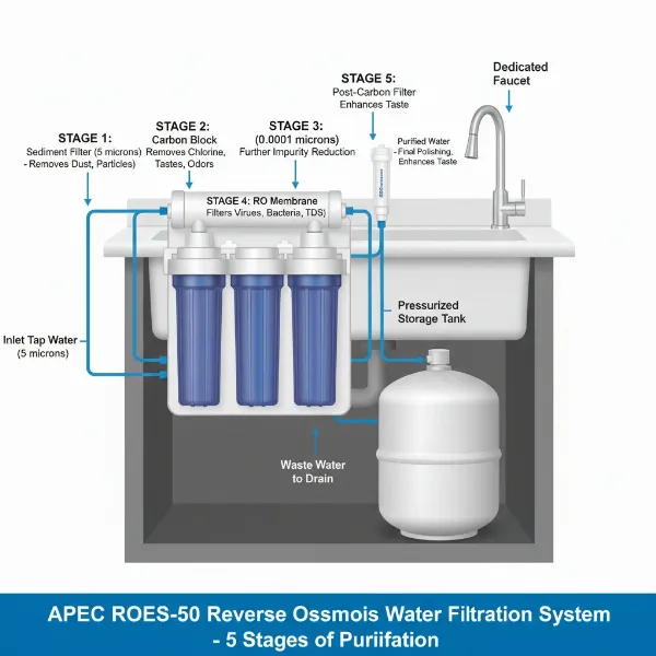 Diagram showing the five stages of the APEC ROES-50 reverse osmosis system with labeled filters and water flow.
