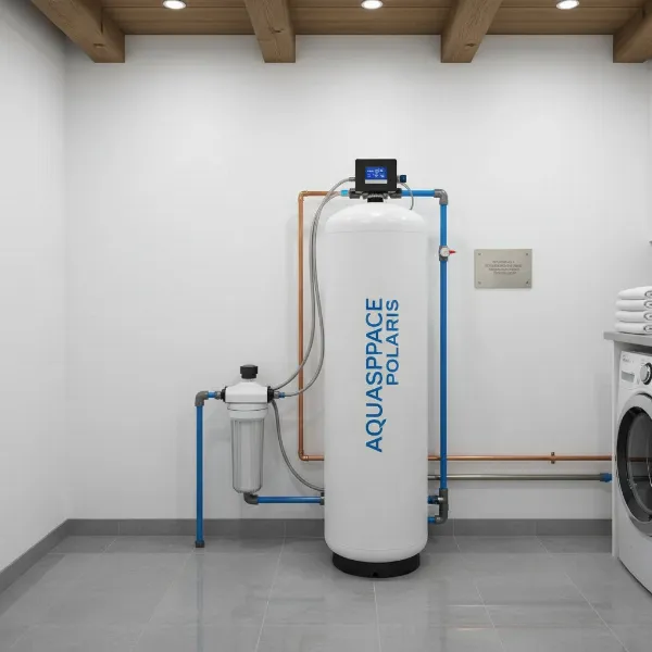 Aquaspace Polaris Whole Home Water Filter System installed in a utility room, showing tank and pipes