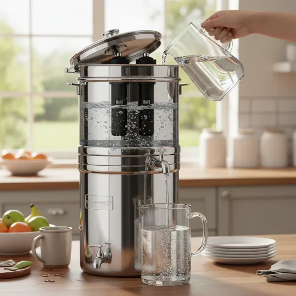 A detailed illustration of the Big Berkey gravity-fed water filter system, showing water flowing from the upper to the lower chamber through purification elements, optimized for clean drinking water