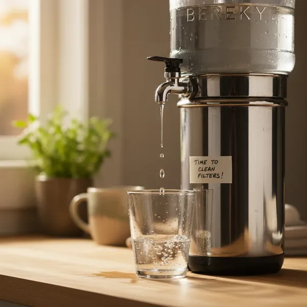 Berkey water filter system with noticeably slow water dripping, indicating clogged filters and need for cleaning.