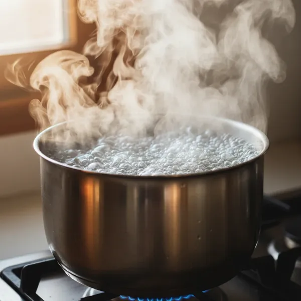 Boiling water for safety, showing steam rising from a pot on a stove, illustrating a common method for disinfecting water but not removing chemical contaminants.