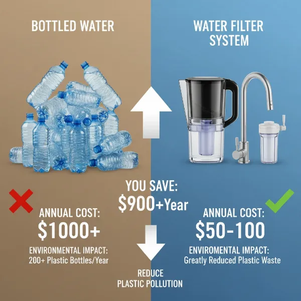 an infographic comparing the annual cost of bottled water versus filtered tap water