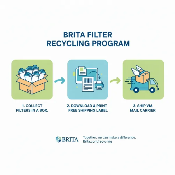 A graphic illustrating the Brita water filter recycling process with TerraCycle, showing collection, labeling, and shipping.