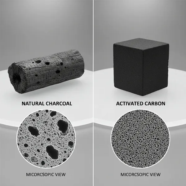 Comparing the porous structure of a charcoal stick to a block of activated carbon, highlighting the difference in surface area for water filtration effectiveness.