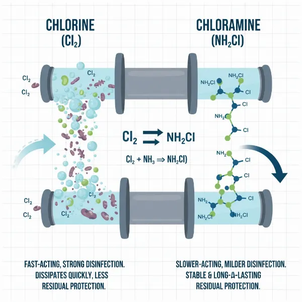 Visual representation of chlorine vs. chloramine disinfection in water treatment systems.