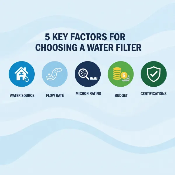 An infographic illustrating key factors to consider when choosing a sediment filter: water source, flow rate, micron rating, budget, and certifications.