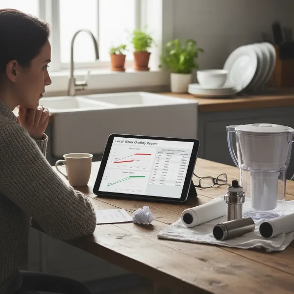 A person thoughtfully considering different factors like water quality reports, budget, and filter types on a tablet, with various water filter components laid out.