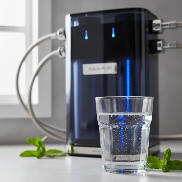 A clear glass of clean, filtered water with a modern water filter system in the background, emphasizing purity and health benefits.