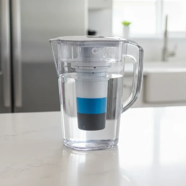 A Clearly Filtered water pitcher, highlighting its advanced multi-stage filtration system.