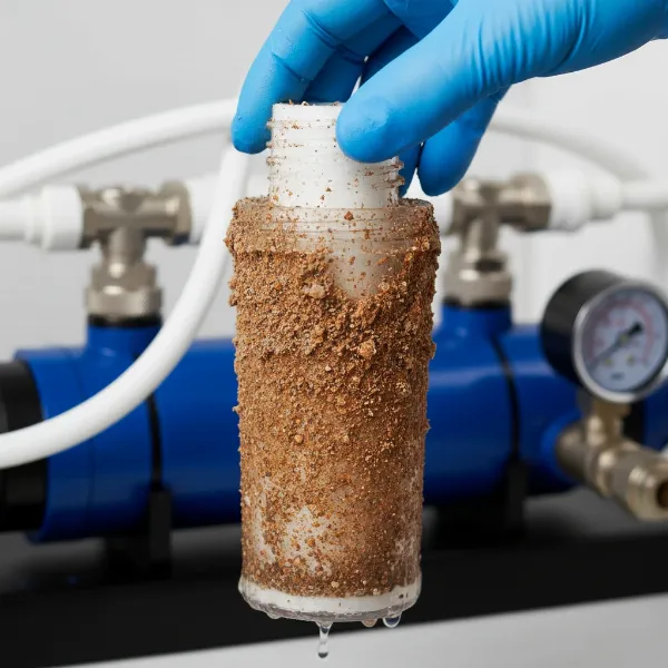 A close-up of a dirty, discolored RO pre-filter being removed from its housing, highlighting the need for replacement to fix low water pressure.