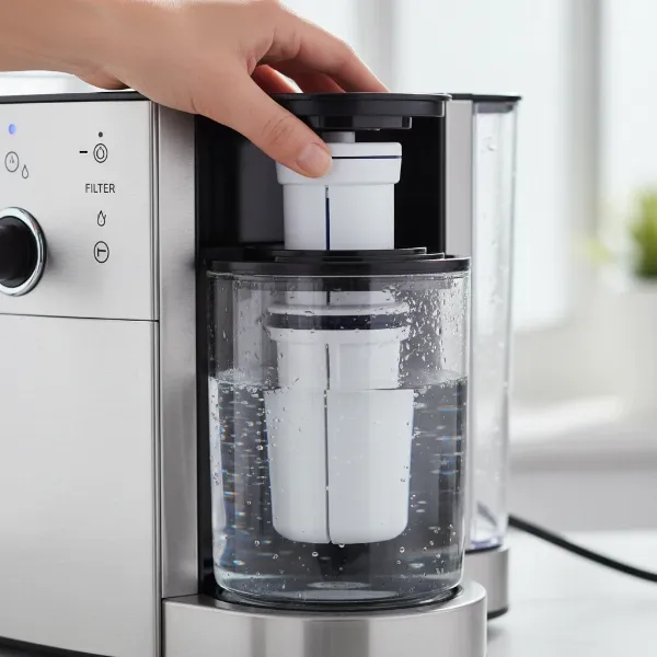 A hand replacing a water filter cartridge in a coffee maker for improved taste