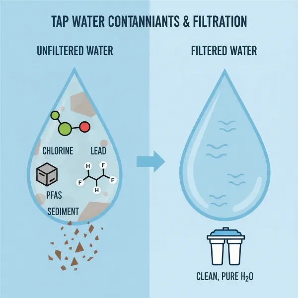 visual representation of common water contaminants like chlorine lead pfas sediment in tap water