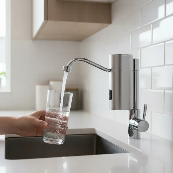 Compact faucet water filter installed in a modern, small kitchen sink area.