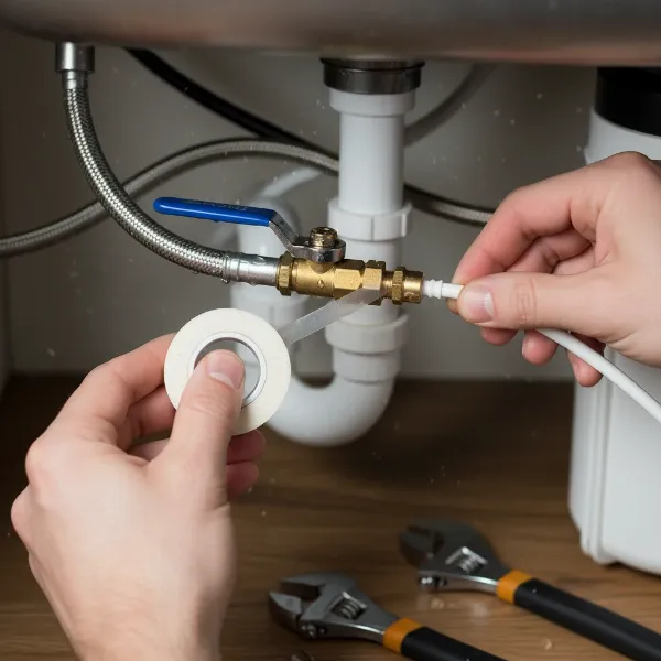 Hands connecting an under-sink water filter to the cold water supply line.