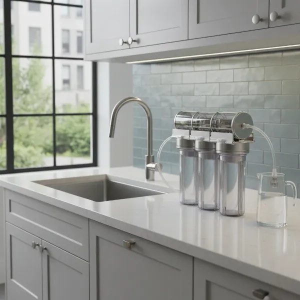 a countertop water filter system sitting on a clean kitchen counter next to a sink