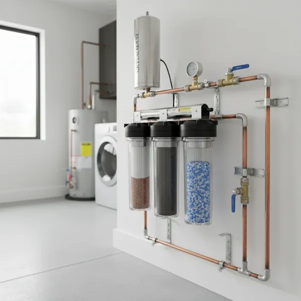 A detailed close-up of a Crystal Quest Whole House Water Filter system installed in a modern home's utility room, highlighting its components and plumbing connections. 