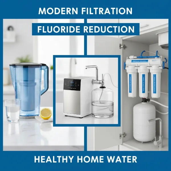 A collage or arrangement of various fluoride water filters, including pitchers, countertop, and under-sink systems.