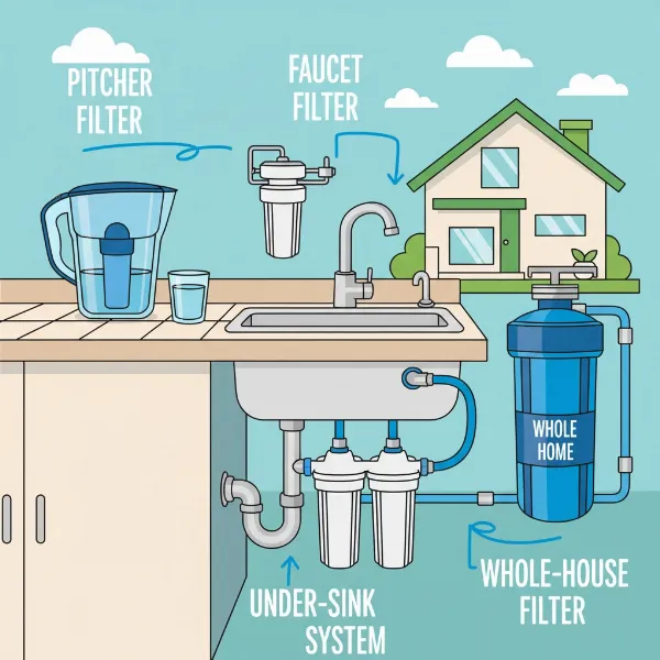 An illustrative graphic comparing various types of water filters for home use, including pitcher, faucet, whole-house, and under-sink RO systems, highlighting their different applications.