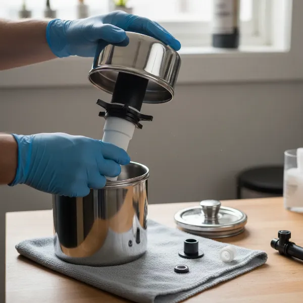 Hands carefully disassembling a Berkey water filter system, separating chambers and removing Black Berkey filters.