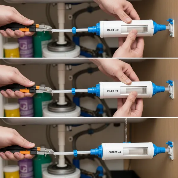 Step-by-step DIY installation of an inline water filter with quick-connect fittings.