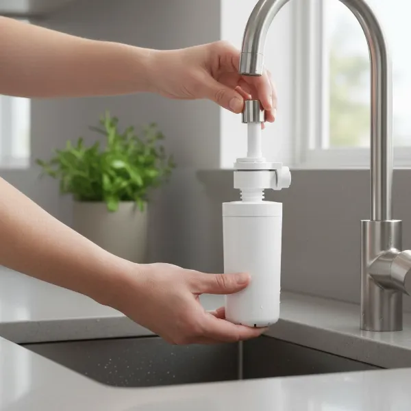 close up of hands installing a water filter without tools demonstrating simplicity