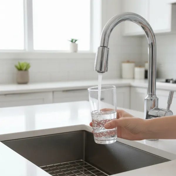 a contemporary faucet mounted water filter attached to a kitchen sink providing filtered water