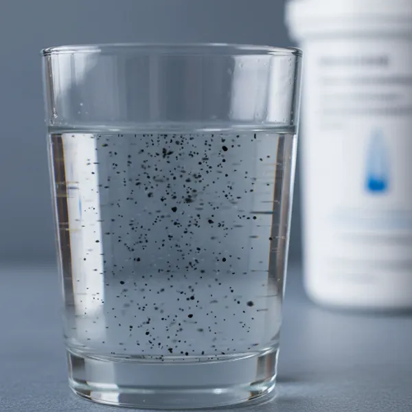 A close-up image showing small black carbon specks being flushed out of a new water filter.