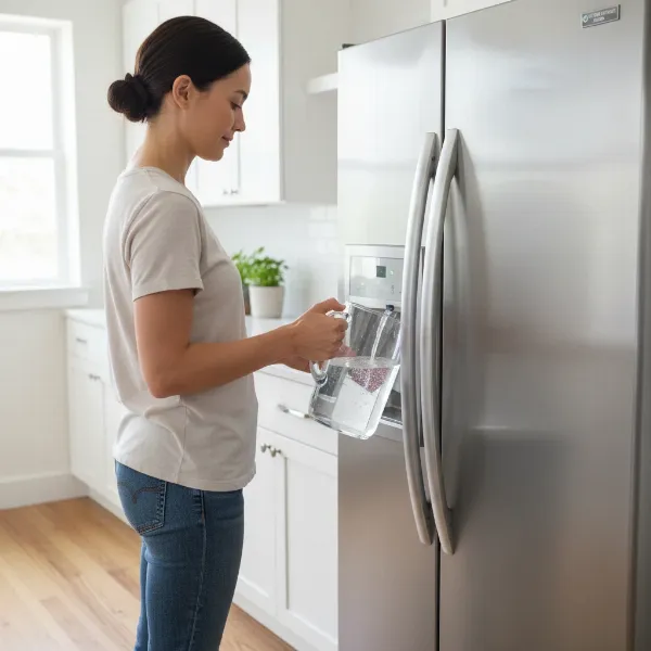 A person holding a large pitcher under a refrigerator's water dispenser, flushing a new water filter.