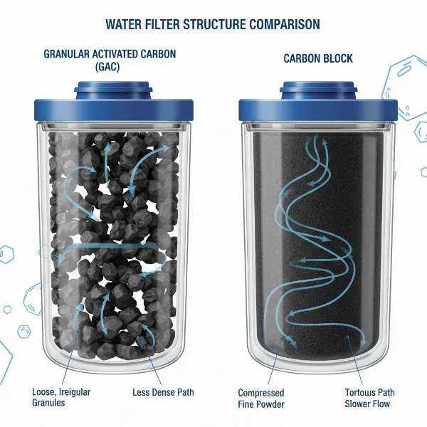 Visual comparison of granular activated carbon and carbon block filter structures, highlighting density differences.