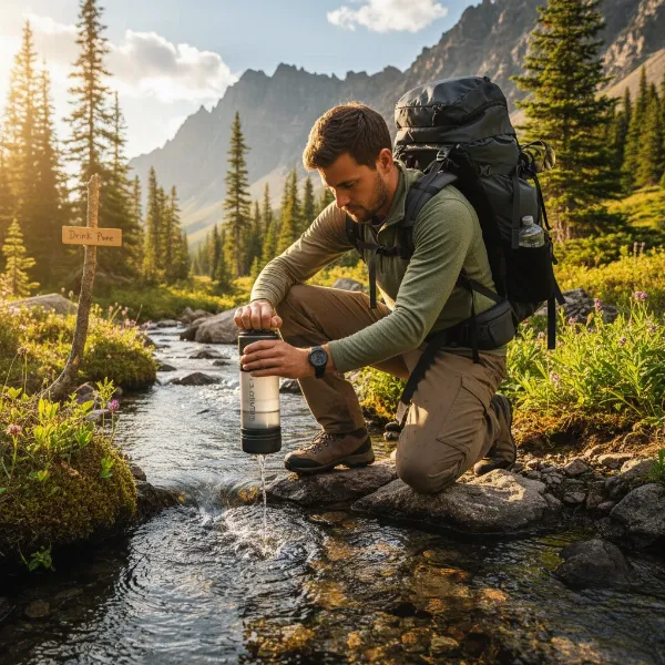 Person using GRAYL GeoPress 24oz water purifier bottle in an outdoor stream setting.