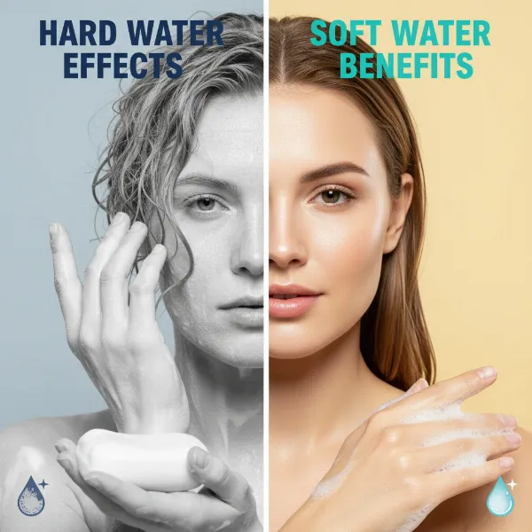 a split image comparing damaged, dry skin and hair from hard water with healthy skin and hair