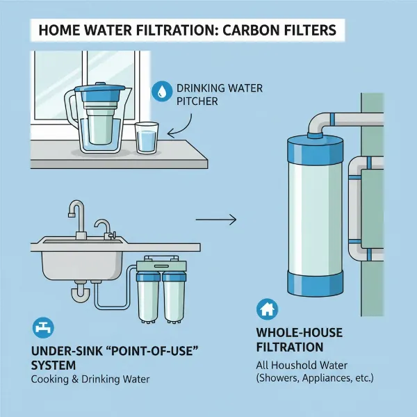 Various home water filter applications including pitcher, under-sink, and whole-house systems for different needs.
