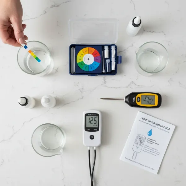 Various home water testing methods including test strips, color disk kits, and digital meters.