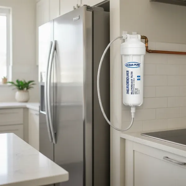 Inline water filter connected to refrigerator water line, showing clean water flow.