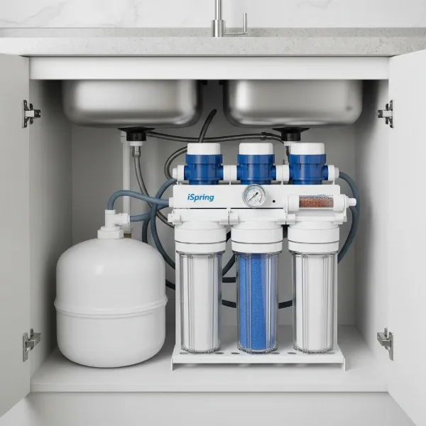 Overview of the iSpring RCC7AK 6-stage reverse osmosis system, showing its compact design and the different filter housings under a sink.