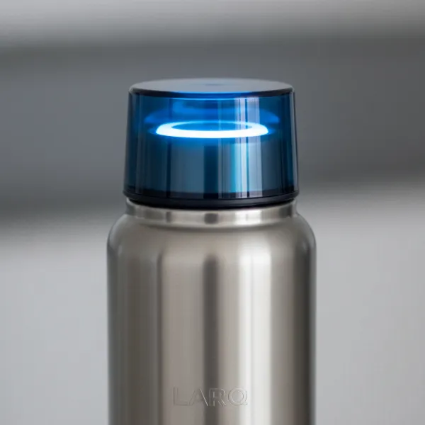A close-up shot of a LARQ Bottle PureVis, highlighting the UV-C LED cap and sleek stainless steel body on a minimalist background, emphasizing technology and design.