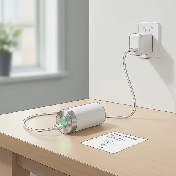 An illustration showing a LARQ Bottle PureVis cap connected to a micro-USB charger, with a glowing green light, indicating its ease of recharging and maintenance.