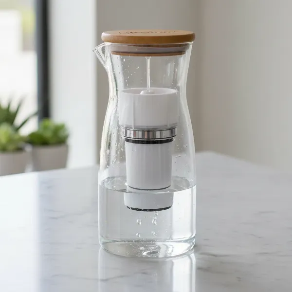 LifeStraw Home glass water filter pitcher with dual filtration system, removing contaminants for clean water.