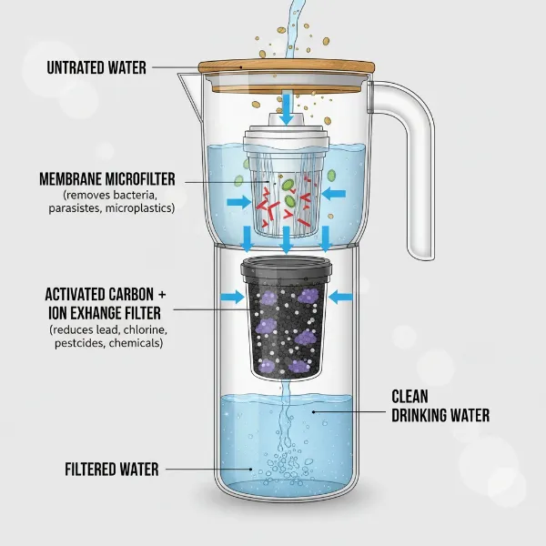 LifeStraw Home Water Filter Pitcher demonstrating its dual-stage filtration process