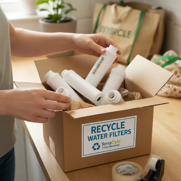 A person preparing used water filters for a mail-back recycling program, packaging them in a box with a shipping label.