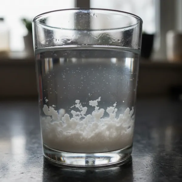a close-up of a glass of tap water showing mineral deposits and hardness