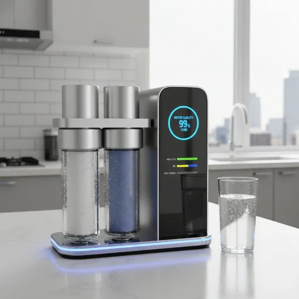 Advanced countertop reverse osmosis system with multiple stages and digital display in a kitchen.