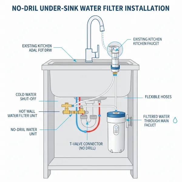 a diagram illustrating a no drill under sink water filter connected to the cold water line