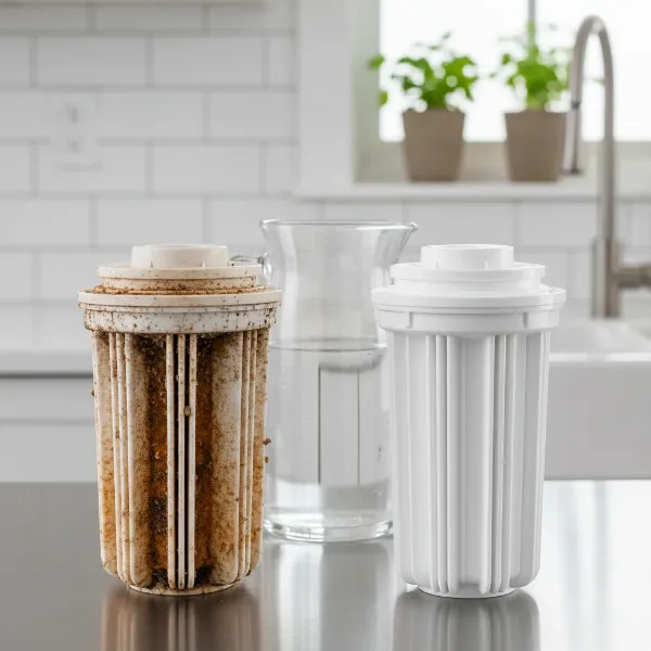 A visibly old, dirty, and clogged water filter, indicating it needs replacement.