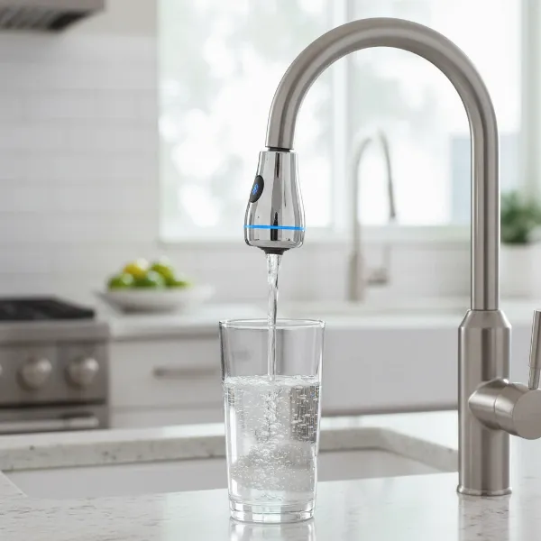 A sleek chrome PUR Plus Faucet Mount Filter with Bluetooth attached to a modern kitchen faucet, showing filtered water flowing into a clear glass. The scene is bright and clean, emphasizing fresh water.