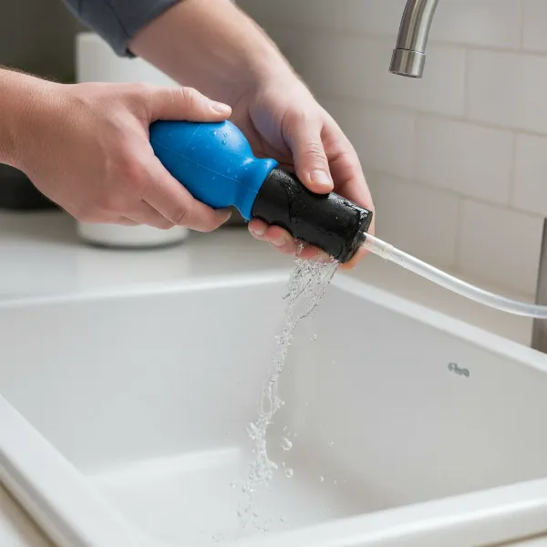 Person using a Berkey priming bulb to re-prime a Black Berkey filter element after cleaning, ensuring water flow.