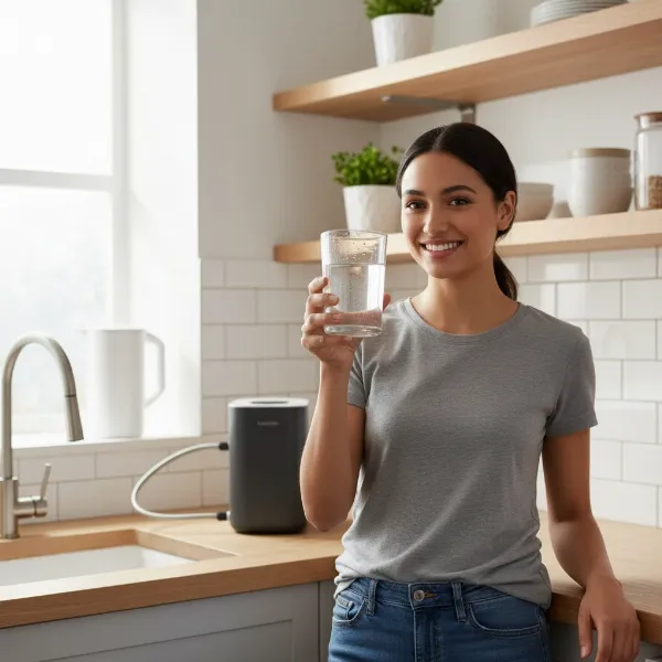 a diverse person drinking clean filtered water in a modern rental kitchen