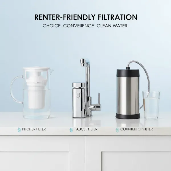 a visually appealing collage or arrangement of different renter friendly water filter types